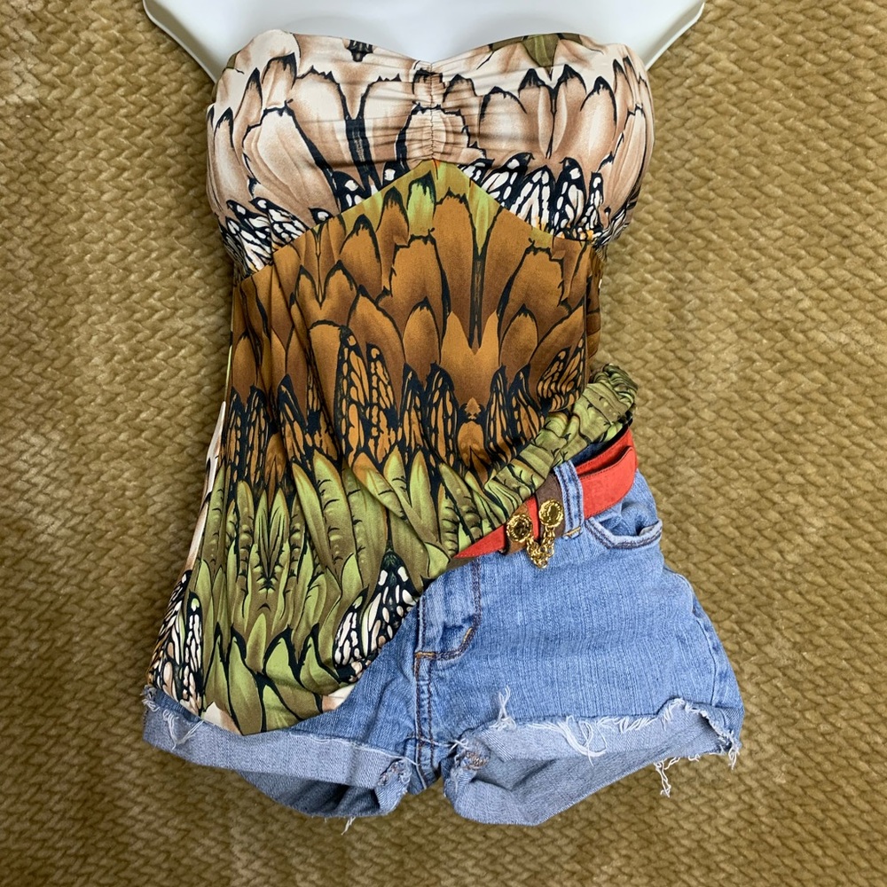 Strapless Feather-Print Women’s Top in Olive Brown